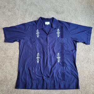 Guayaberas Corazon Mens Shirt Size 46 Blue White Embroidery Mexico Yucatan